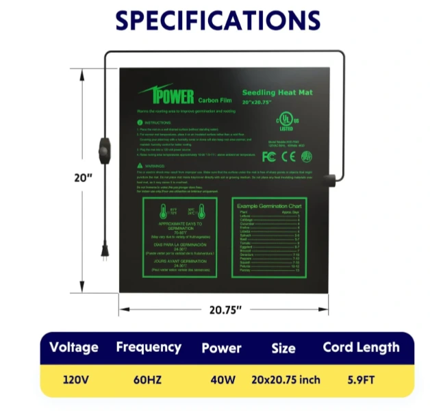 10" x 20.75" Seeding Heat Mat with Thermostat Temperature Adjustable Knob, Durable Warm Hydroponic Plant Germination Starting Pad, Black